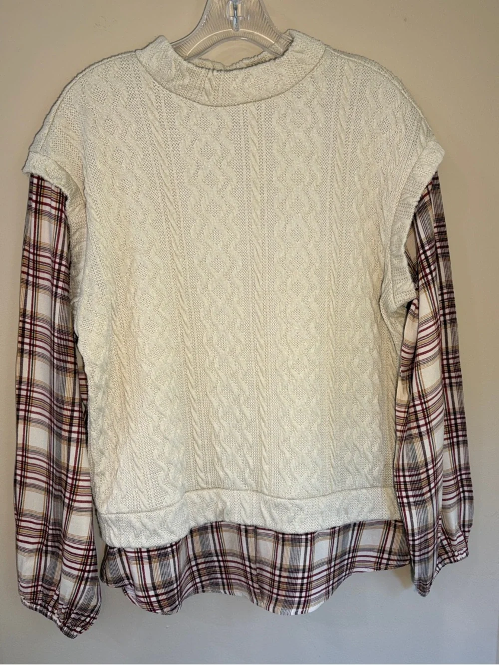 Maurices Cream Cable-Knit Sweater Vest with Plaid Layered Hem and Sleeves